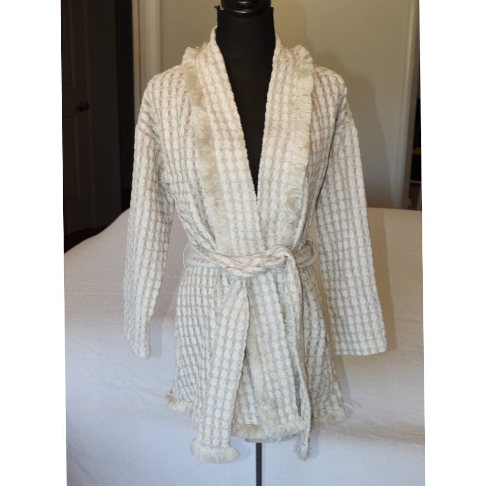 Daniela Corte Waffle Open Front Cardigan Size Medium Tie Waist Metallic USA Knit